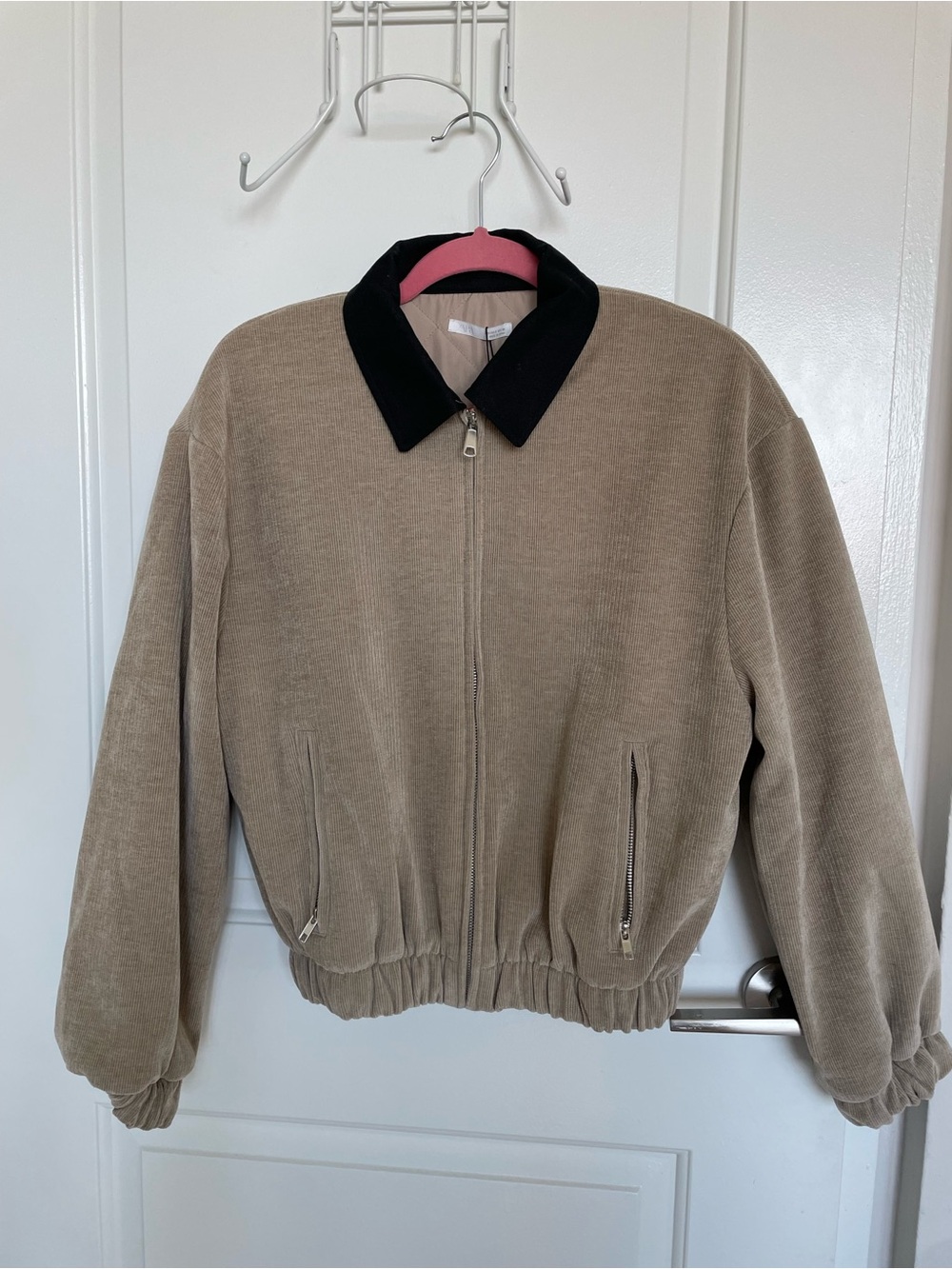 Zara Beige Corduroy Jacket with Black Collar